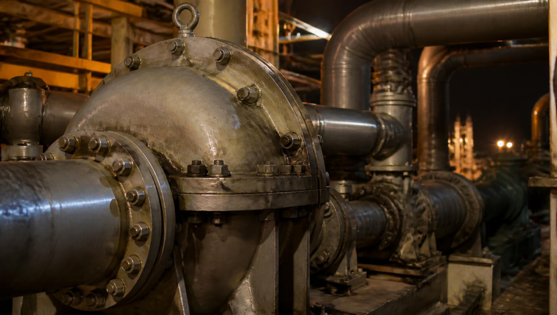 Close-up of heavy refinery pump machinery under warm industrial lighting