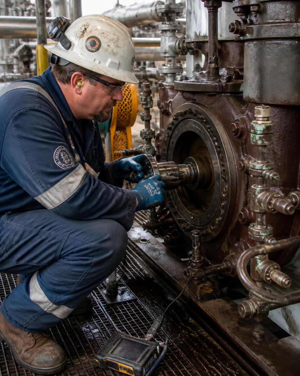 Oil and gas engineer in PPE inspecting a mechanical assembly at a refinery