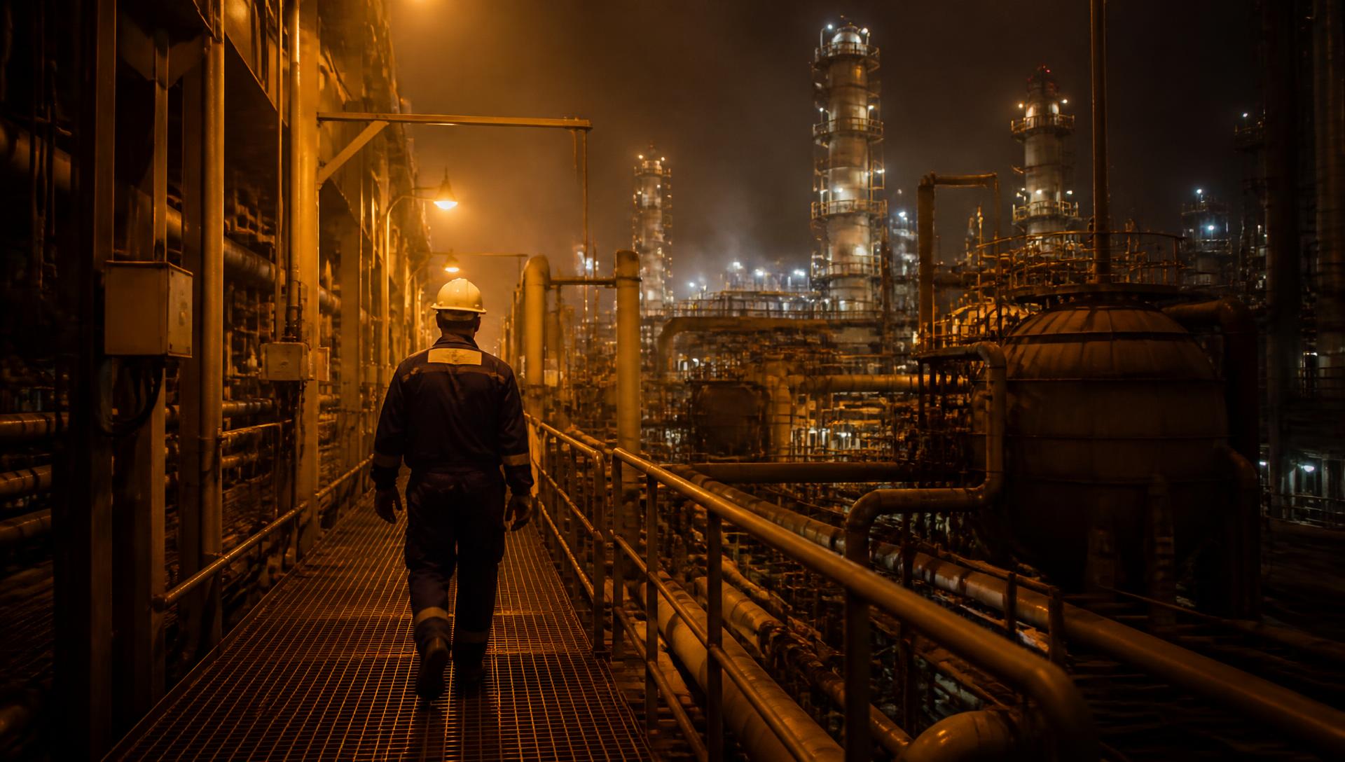Engineer walking a steel platform inside an illuminated refinery at night