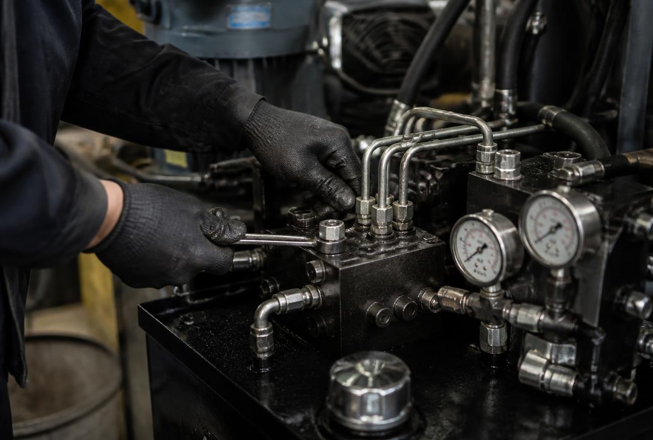 Engineer working on a hydraulic manifold