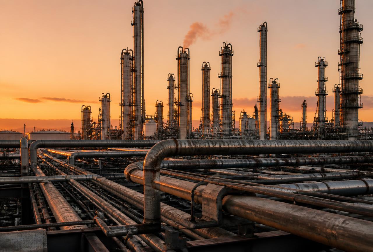 Refinery pipe racks and distillation towers at sunrise