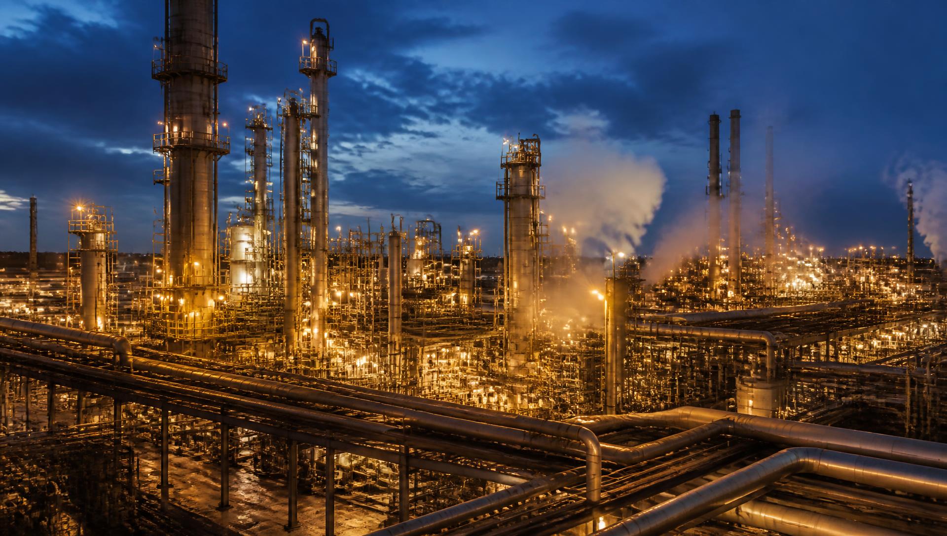 Operating oil refinery with distillation columns and pipe racks illuminated at blue hour
