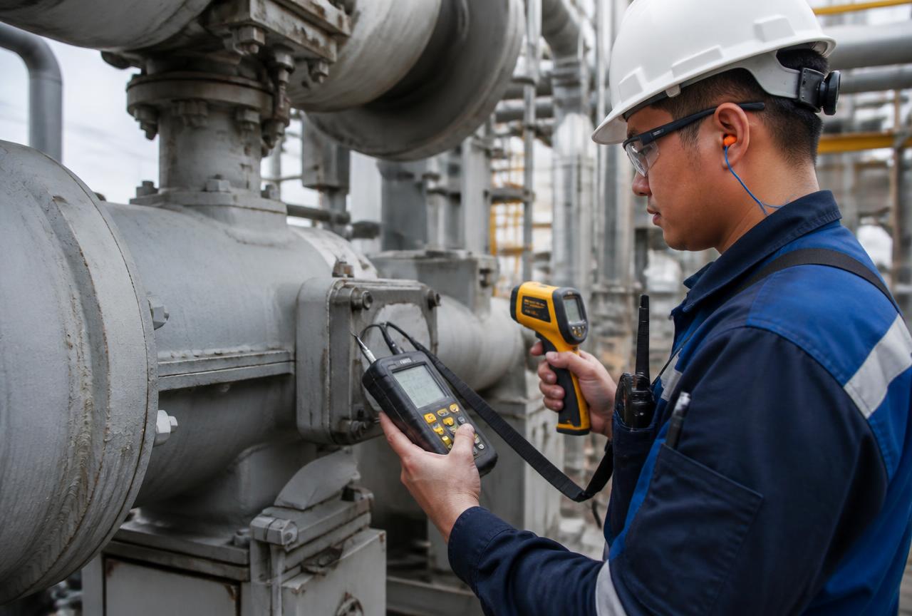 Engineer using inspection instruments beside refinery pipework