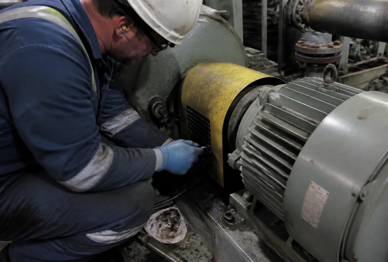 Engineer servicing rotating equipment and an industrial motor