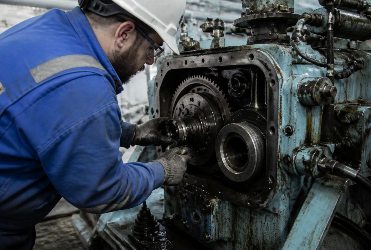 Engineer repairing an industrial gearbox assembly